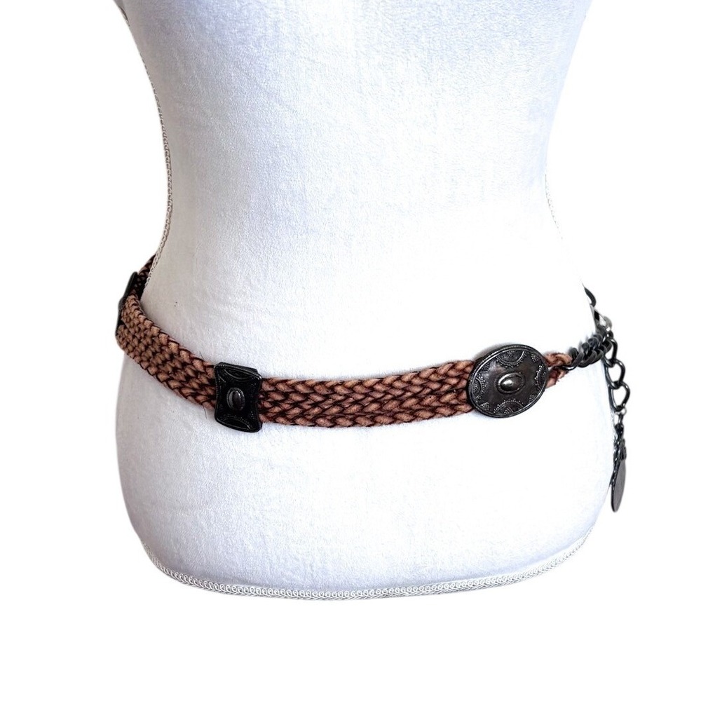Vintage Womens Boho Braided Chain Belt OS Brown Silver Conchos Western Medallion